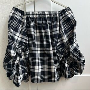 Black & White Plaid Off-Shoulder Puff Sleeve Top